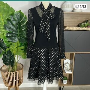 Moma • metallic polka dot tie neck long sleeve dress mixed media